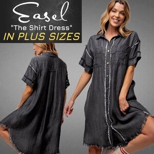 EASEL "The Shirt Dress" Lightweight Denim Snap Front Closure Frayed Raw Details